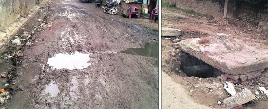 Choked sewerage at Dhandari Kalan; and (right) a road in need of repairs in the area