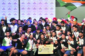 The victorious Indian mens team after it won the final of the 3rd World Cup Kabaddi crushing arch-rivals Pakistan 59-22 in Ludhiana on Saturday