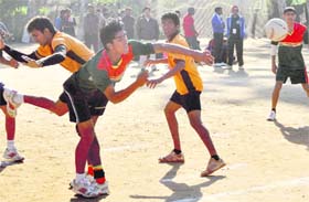 A handball match in progress between Kerala and Himachal Pradesh during the 58th National School Games at Punjab Agricultural University in Ludhiana