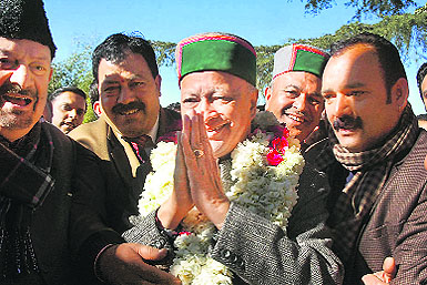 Himachal Pradesh Congress chief Virbhadra Singh after the party's win in the Assembly poll in Shimla on Thursday. 
