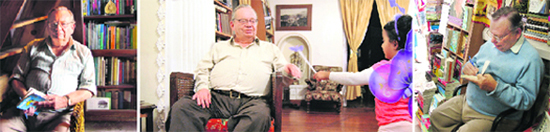 From left: Ruskin Bond with his favourite companions — books; with a young fan at his residence; and (extreme right) autographing his books at a promotional event