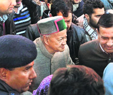 Virbhadra Singh comes out of a special court after being acquitted in a graft case in Shimla on Monday. 