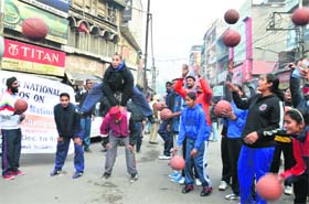 A flash mob promotes basketball at Chaura Bazaar in Ludhiana on Thursday