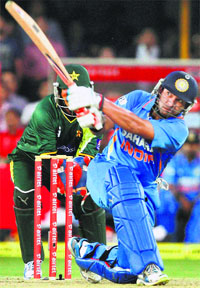 Yuvraj Singh in action against Pakistan during a T-20 tie in Ahmedabad.