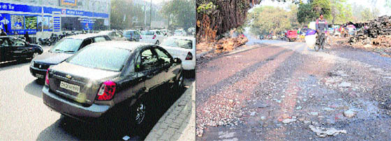 Cars parked on the road in front of the HDFC Bank; and (right) a road in a poor condition at Industrial Area, Phase I, in Chandigarh.