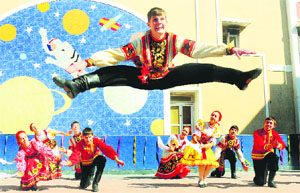Students from Russia present a traditional dance item during their visit to Ryan International School, Sector 49, Chandigarh, on Friday.