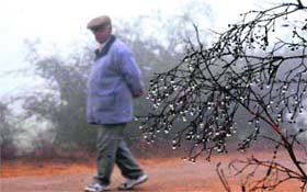 A man walks during fog early morning in Mohali on Monday