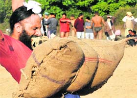 Show of strength: A man lifts over 100 kg weight with his teeth during a wrestling competition in memory of Baba Isher Singh in Phase VIII, Mohali on Monday