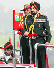 Army Chief Gen Bikram Singh inspects a Guard of Honour during the Army Day parade in New Delhi on Tuesday. 