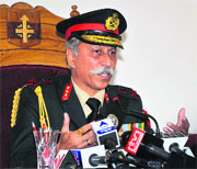 Lt Gen KT Parnaik, GOC-in-C, Northern Command, addresses mediapersons in Akhnoor on Tuesday. 
