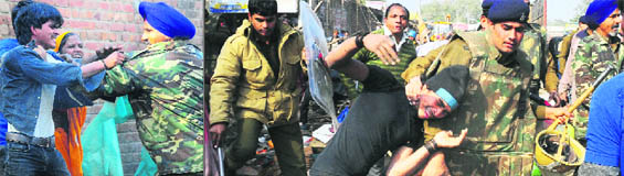 A youth and a policeman exchange blows; (right) A policeman overpowers a protester.