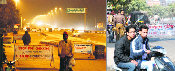 No PCR vehicle parked at the entrance point to Panchkula from Zirakpur; and (right) two youths ride a two-wheeler without helmets at a naka on the road separating Sectors 5 and 10 in Panchkula.