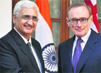External Affairs Minister Salman Khurshid with his Australian counterpart Bob Carr in New Delhi on Monday. Photo: Mukesh Aggarwal