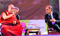 Tibetan spiritual leader Dalai Lama in conversation with Pico Iyer at Jaipur literature festival in Jaipur on Thursday