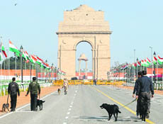 Final security checks in progress at the Rajpath in New Delhi on Friday. 
