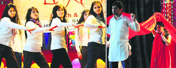 Students present a dance item; and (right) a play being staged during the Lakshya IT fest at DAV College, Sector 10, in Chandigarh on Wednesday.