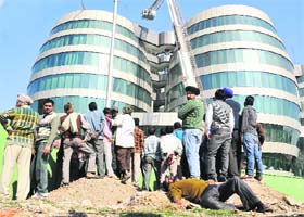 A mock drill under way at the forest department complex in Sector 68 in Mohali