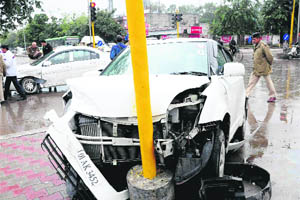 Two cars that met with an accident at the Sectors 31/32 lights in Chandigarh on Saturday.
