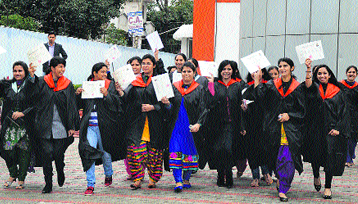 Students in a jubilant mood after getting their degrees at GNG College in Ludhiana on Saturday.