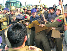 Police resorts to lathicharge on roadways employees at Ambala on Wednesday.