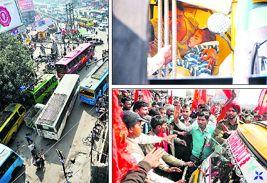 Private buses parked outside the bus terminus following a nationwide strike by the trade unions in Ludhiana on Wednesday; A woman, along with her son, stuck in a traffic jam; and Members of the trade unions stop an auto from plying in Ludhiana