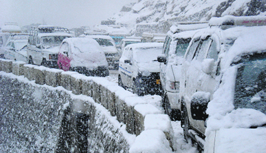 STUCK IN SNOW: Tourist vehicles stranded near Nehru Kund on the Manali-Rohtang highway on Saturday.