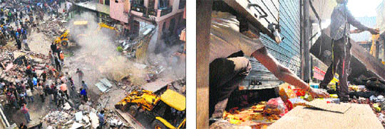 MC officials pull down encroachments with the help of JCB machines in the Jawahar Nagar Camp area in Ludhiana on Tuesday; and (right) a man tries to collect packets of eatables from outside his shop during the anti-encroachment drive.