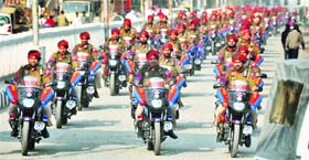 Policemen ride new PCR motorcycles in Ludhiana on Wednesday