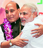 Gujarat CM Narendra Modi and BJP president Rajnath Singh in New Delhi on Saturday