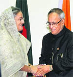 President Pranab Mukherjee with Bangladesh PM Sheikh Hasina in Dhaka on Sunday.