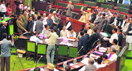 Opposition members up on their feet in the Assembly in Jammu on Tuesday.