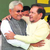 Nitish Kumar and JD-U leader Sharad Yadav in New Delhi on Sunday