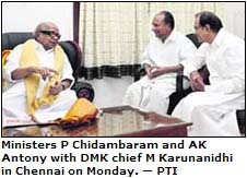 Ministers P Chidambaram and AK Antony with DMK chief M Karunanidhi in Chennai on Monday.