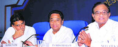 Union Ministers P Chidambaram, Kamal Nath and Manish Tiwari address the media in New Delhi on Wednesday.