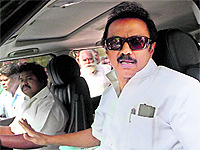 DMK treasurer MK Stalin at his residence in Chennai on Thursday