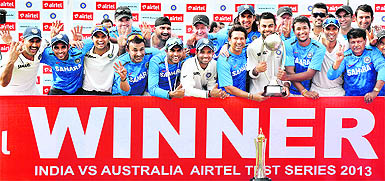Indian cricket team celebrates with the Border-Gavaskar Trophy after a convincing victory in the fourth Test against Australia at Feroze Shah Kotla in New Delhi on Sunday.