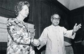 Former British Prime Minister Margaret Thatcher with the then External Affair Minister Pranab Mukherjee at South Block in New Delhi in 1995