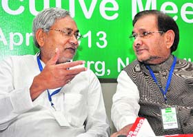 JD-U chief Sharad Yadav with Bihar CM Nitish Kumar in New Delhi on Saturday