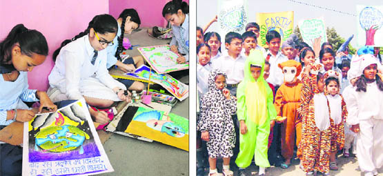 Students across the tricity schools took part in the World Earth Day celebrations on Monday.