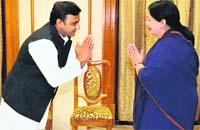 Tamil Nadu Chief Minister J Jayalalithaa and her Uttar Pradesh counterpart Akhilesh Yadav in Chennai on Monday.  PTI