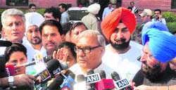 Haryana Chief Minister Bhupinder Singh Hooda with Punjab Congress chief Partap Singh Bajwa and other Congress delegation members at North Block after meeting Finance Minister P Chidambaram in New Delhi on Monday. Tribune photo: Manas Ranjan Bhui