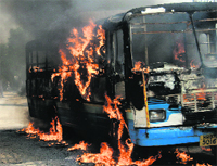 A Haryana Roadways bus that was set ablaze by villagers near Ambala. Tribune photo