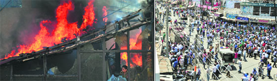Fire rages in a restaurant at Ghumar Mandi in Ludhiana on Thursday; and (right) people gather outside the spot.