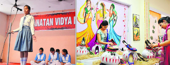 (Left) A girl recites a poem during “Kavi Darbar” at Sanatan Vidya Mandir Senior Secondary School; and students display their works of art at the Guru Nanak Institute of Design and Technology in Ludhiana.