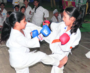 Players in action during the Fourth Ludhiana District Karate Tournament 2013, in Ludhiana.