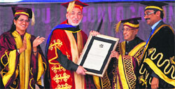 President Pranab Mukherjee presents an honorary doctorate to Afghanistan President Hamid Karzai at the LPU convocation near Phagwara on Monday. Tribune photo: Malkiat SIngh