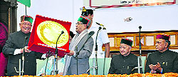 President Pranab Mukherjee being honoured at the Golden Jubilee celebrations of Himachal Pradesh Vidhan Sabha in Shimla on Friday