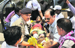 An injured jawan of Chhattisgarh Armed Force is being taken to a hospital after a blast occurred at their camp in the Maoist-hit district of Bijapur on Sunday.  PTI