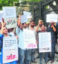 Activists of the All-India Students Association shout slogans during a demonstration against the BCCI in New Delhi on Monday.