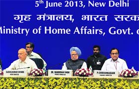 PM Manmohan Singh, Finance Minister P Chidambaram and Home Minister Sushilkumar Shinde attend the Conference on Internal Security in New Delhi on Wednesday